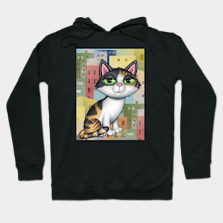 Cute calico kitty cat on cityscape with buildings Hoodie